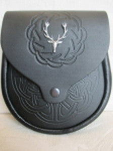 Stag Head & Black Embossed Leather Sporran